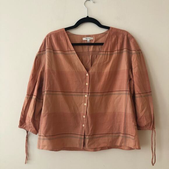 Madewell Morningview Tie-Sleeve Peach Plaid Button-Front Blouse - Picture 3 of 6